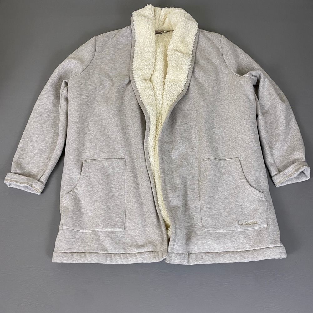 LL Bean Cardigan Sherpa Lined Women's Size XL Gray Open Front Shawl Collar